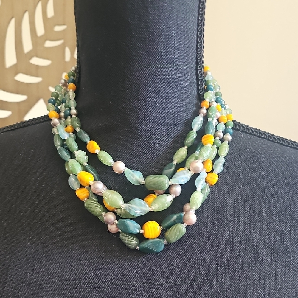 Layered Green and Yellow Beaded Women's Necklace with Pearl Accents
